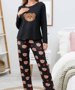 Conjunto de pijama de manga larga para mujer, conjunto de ropa de dormir de dos piezas con cuello redondo y pantalones de longitud completa, pijama para mujer