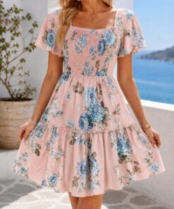 Vestido corto floral de cuello cuadrado para mujer, manga con volantes, corpiño fruncido, escalonado, acampanado, verano, casual, playa, vacaciones, vestido de verano