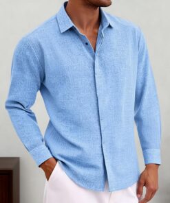 Camisas casuales de lino para hombre, de manga larga, cuello y botones, para playa, ropa de moda para otoño e invierno