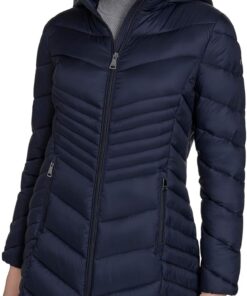 Calvin Klein Hooded Chevron Quilt Puffer Coat – Slimming Longline Winter Jacket Parka Mujer (Pack de 1)