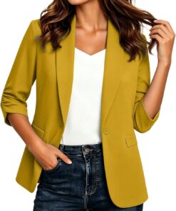 HUIFUAO - Blazers y chaquetas de traje de manga 3/4 para mujer, cuello en V, solapa de 1 botón, para trabajo, oficina, negocios, casual, elegante, para uso diario, para salir