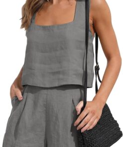YMING Conjunto De Lino Para Mujeres Camisa Sin Mangas De Verano Blusa Y Pantalones Cortos Dos Conjuntos De Ropa Casual Para Mujeres Juego De Ropa