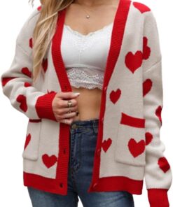 Sexy Outfit Cárdigans de Punto para el día de San Valentín para Mujer, Lindo Estampado de corazón, Manga Larga con Botones, suéteres cálidos, Ropa estética