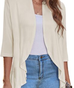 Zeagoo Cárdigan abierto para mujer, manga 3/4, drapeado, con volantes, suéter de punto suave S-3XL