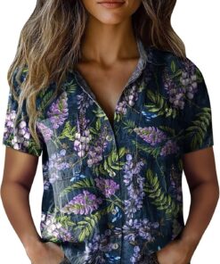 Blusas Mujer Verano Camisa Manga Corta Estampado Camiseta con Botones Cuello en V Elegantes Camisa Suelta con Cuello de Solapa y Bolsillo Casual Blusa Shirts Tunic Tops