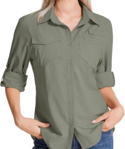Camisa Safari para mujer, protección solar UPF 50, secado rápido, manga larga, senderismo, pesca, viajes al aire libre