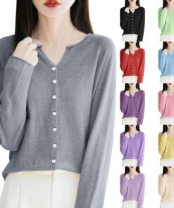 HUIFUAO - Cárdigan de punto con cuello en V para mujer, talla grande, suéteres elegantes con botones, para primavera, otoño, manga larga, suaves y ligeros