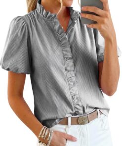 Camisa de manga corta abombada con botones para mujer, a rayas, cuello alto, blusa informal de negocios, camisas de trabajo