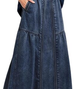 ebossy - Falda larga vaquera estilo hippie de corte evasé para mujer, cintura elástica, bajo deshilachado y acabado desgastado