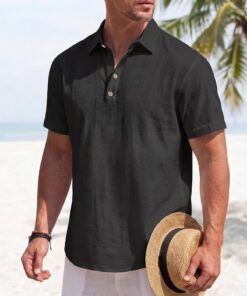 Polo de lino de verano para hombre, manga corta, holgado, casual, transpirable, ligero, color liso, para negocios y playa