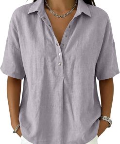 Blusa de lino y algodón para mujer, de verano, media manga, cuello en V, gasa, elegante, casual, para el verano