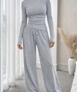 Conjunto de descanso de 2 piezas para mujer, ropa de descanso para otoño e invierno, chándal de ajuste relajado, camiseta de manga larga elástica suave y pantalones de pierna ancha