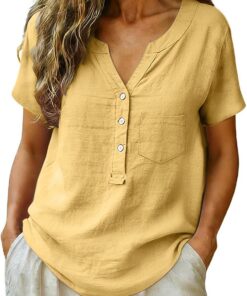 Blusas de lino y algodón para mujer, de manga corta, con bolsillo, talla grande, con botones, cuello en V, camisetas de verano