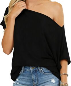 Dressmine Womens Summer Off Shoulder Top Batwing Short Sleeve Shirts Sexy Loose Button Down Blouse