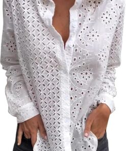 Camisas bordadas de encaje hueco para mujer, cuello en V, manga larga, con botones, para mujer, a la moda, elegante, holgada, casual