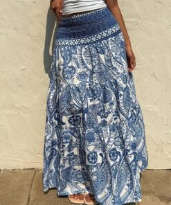 Falda maxi con estampado de paisley para mujer, escalonada, de cintura alta, fruncida, fluida, para verano, playa, vacaciones, viajes y uso casual diario (Azul-M)