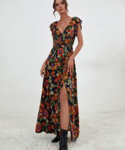 Vestido largo de verano con estampado floral bohemio y manga corta con cuello en V y abertura para mujer