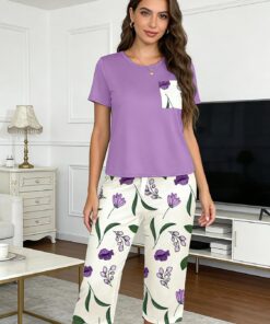 Conjunto de pijama de manga corta para mujer, ropa de dormir cómoda con estampado floral, ropa de hogar suave para relajarse, descansar y dormir