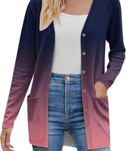 HUIFUAO - Cárdigan de punto para mujer, de gran tamaño, con botones, parte delantera abierta, suéter de manga larga, degradado, con bolsillo