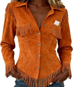 Camisa vintage de ante vaquera occidental para mujer, manga larga, con botones, ajuste delgado, diseño de flecos, camiseta elegante para trajes retro casuales y reuniones temáticas