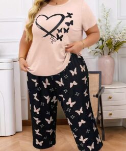 Conjunto de pijama de manga corta para mujer, estampado de corazón, estampado de mariposas, pantalones capri, ropa de dormir suave para descansar