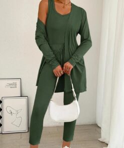 Elegante conjunto de descanso de 3 piezas para mujer, con pantalones largos, camiseta sin mangas y ropa de abrigo para otoño e invierno