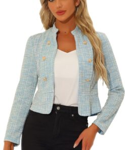 Allegra K Chaquetas de tweed vintage para mujer, cuello alto, chaqueta corta con frente abierto | Cuello alto, chaqueta corta a cuadros vintage, trajes casuales elegantes, primavera, otoño e invierno