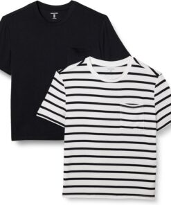 Amazon Essentials Camiseta con Bolsillo de Cuello a la Caja, Manga Corta, Ajuste Informal y de Punto Mujer, Pack de 2