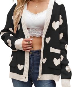 Sexy Outfit Cárdigans de Punto para el día de San Valentín para Mujer, Lindo Estampado de corazón, Manga Larga con Botones, suéteres cálidos, Ropa estética