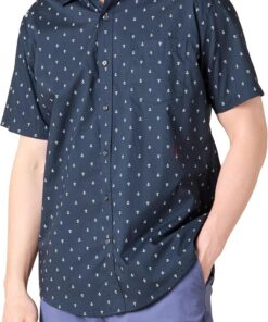 Amazon Essentials Camisa de Corte Ceñido con Mangas Cortas, Botones y Estampado Hombre