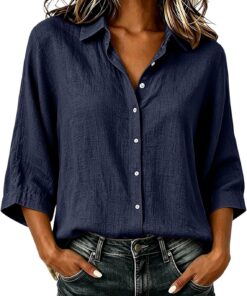 Camisa de algodón y lino con cuello y botones frontales para mujer, blusa de manga fluida de tres cuartos, prenda casual elegante pulida para turnos de oficina, viajes y viajes de negocios