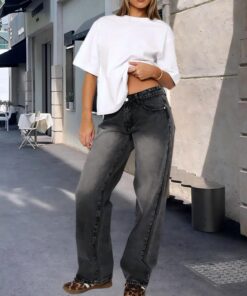 Pantalones de mezclilla de pierna ancha para mujer, cintura alta, pierna recta, pantalones vintage Y2K