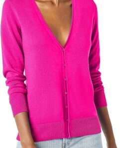 HUIFUAO - Cárdigan de punto de gran tamaño con cuello en V para mujer, suéteres elegantes con botones, cárdigans básicos suaves de manga larga para otoño, hot pink, L