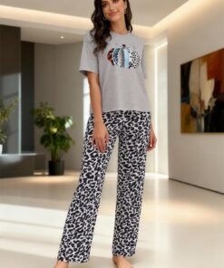 Conjunto de pijama de manga larga con botones para mujer, conjunto de 2 piezas, ropa de dormir de dibujos animados, ropa de dormir suave para el hogar
