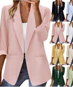 HUIFUAO - Trajes y blazers para mujer, chaquetas de traje de negocios color negro, talla grande, cárdigan de manga larga para oficina, trabajo, abrigos ligeros, Z03 Rosa, L