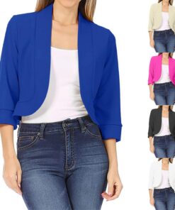 HUIFUAO - Blazer corto para mujer, talla grande, chaquetas de traje, a la moda, casual, manga 3/4, cárdigan frontal abierto, abrigo de otoño, azul, S