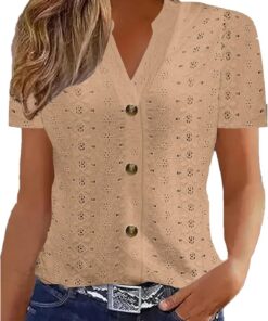 Camisas huecas con ojales para mujer, blusas de verano de manga corta con cuello en V, casual, ajustadas, elegantes, con botones, para vacaciones, playa, 2025