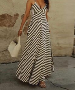 Vestido largo de verano a rayas con tirantes delgados para mujer, casual, cuello en V, sin mangas, vestido largo de verano, A1, XL