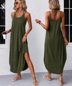 Vestido casual de verano para mujer, sin mangas, cuello en V, dividido, bohemio, para playa, viajes, vacaciones