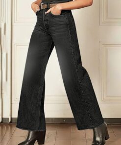 Jeans de pierna recta de tiro medio para mujer, mezclilla elástica lavada con bolsillos inclinados, ajuste holgado y cómodo (talla S)