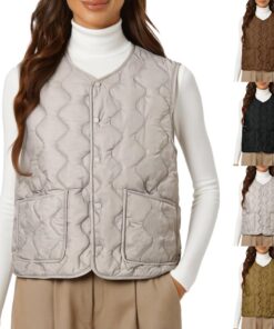 HUIFUAO - Chaqueta acolchada sin mangas para mujer, talla grande, chaleco acolchado de plumón para otoño e invierno, chaleco con botones, chaleco elegante, calentador de cuerpo, abrigos ligeros con