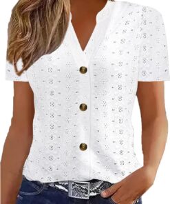 Camisas huecas con ojales para mujer, blusas de verano de manga corta con cuello en V, casual, ajustadas, elegantes, con botones, para vacaciones, playa, 2025