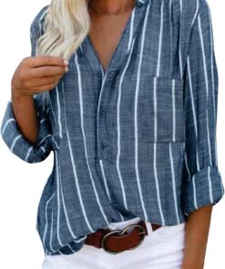 Blusa y Camisas de Manga Larga Para Mujer con Cuello en V, Camiseta de Estilo Casual Elegante Ajustada Irregular Oversized Deportiva Fiesta Rayas Túnica Tops Mangas Enrolladas con Botones