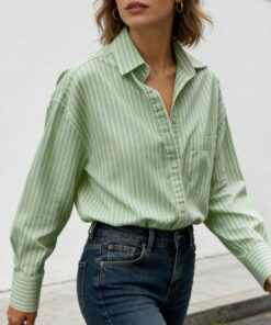 Camisas con botones para mujer, a rayas, de manga larga, con cuello y bolsillo frontal, color verde, talla XS, Verde, S