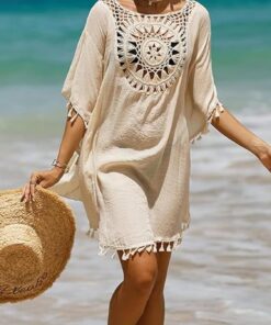 Trajes de baño para mujer, coprisuéter de baño al crochet de chifón con borlas, cobertura de playa, traje de baño bikini, uso de coprisuéter de vacaciones, vestido albaricoque