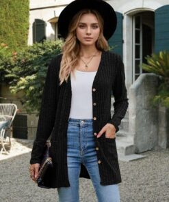 Suéter de punto para mujer, para primavera, otoño, manga larga, frente abierto, cárdigan de punto, ligero, casual, con bolsillos
