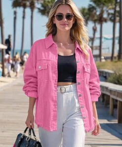 Chaqueta de mezclilla desgastada para mujer, color rosa intenso, manga larga, con botones, detalles rasgados, abrigo casual de estilo urbano para otoño y primavera, para uso diario, capas, talla L
