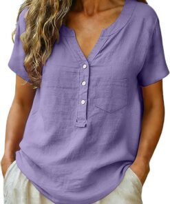 Blusas de lino y algodón para mujer, de manga corta, con bolsillo, talla grande, con botones, cuello en V, camisetas de verano