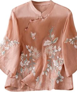 Camisas de algodón y lino de manga 3/4 para mujer, blusa tradicional con botones de rana china, cuello mandarín, blusa de verano