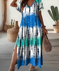 Vestido largo de verano bohemio con teñido anudado para mujer, cuello en V, manga corta, dividido, holgado, casual, vestido de vacaciones